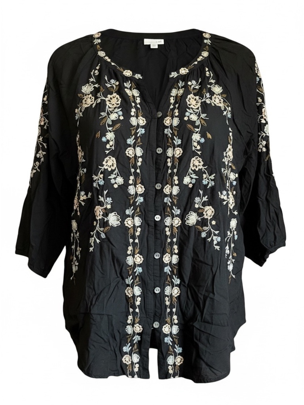 J. Jill Black Button-Down Embroidered Peasant Blouse Black Floral Boho Top XL
